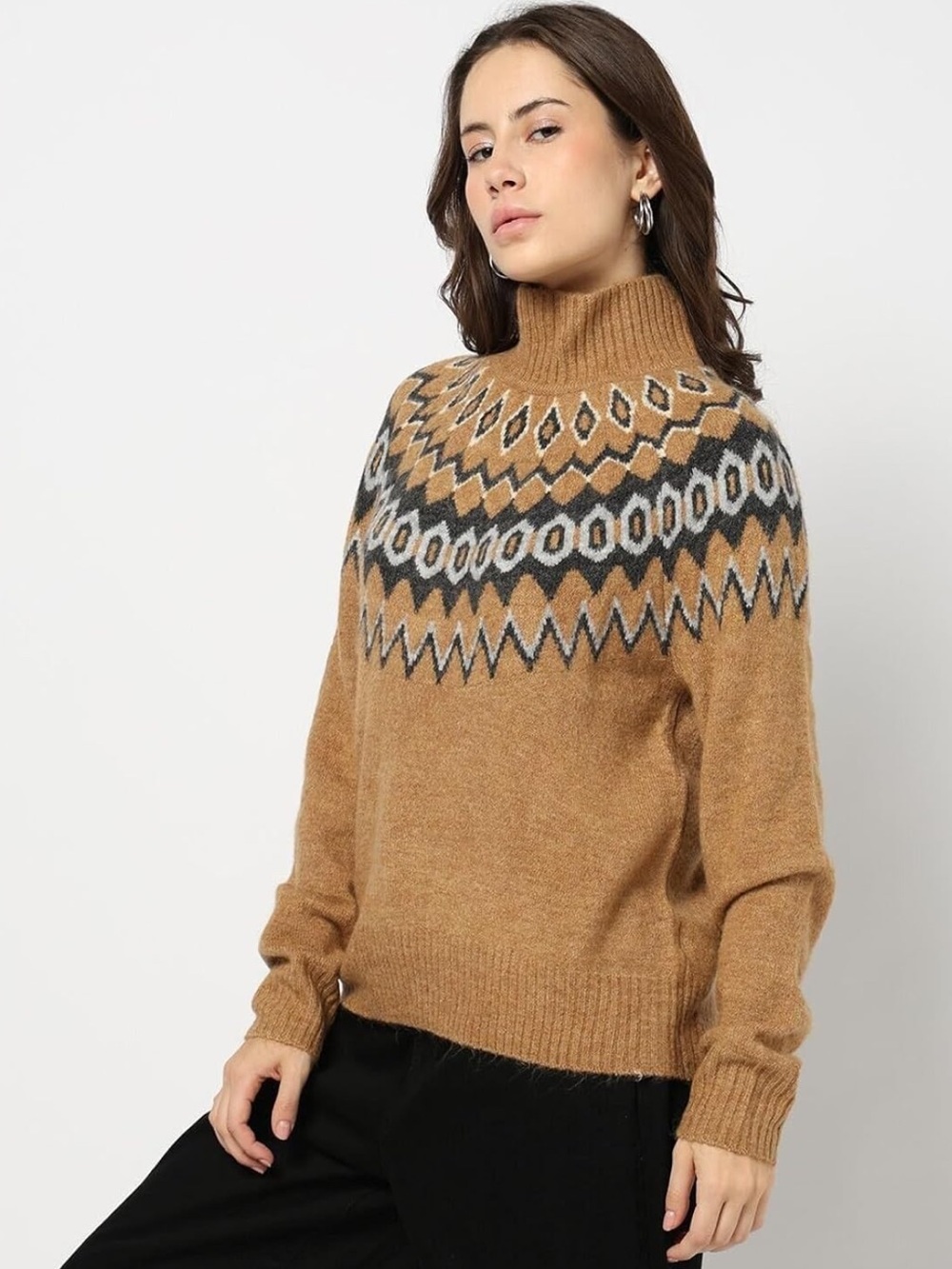 GAP Relaxed Mockneck Fair Isle Camel Hair Sweater, Warm Brown, Size XL